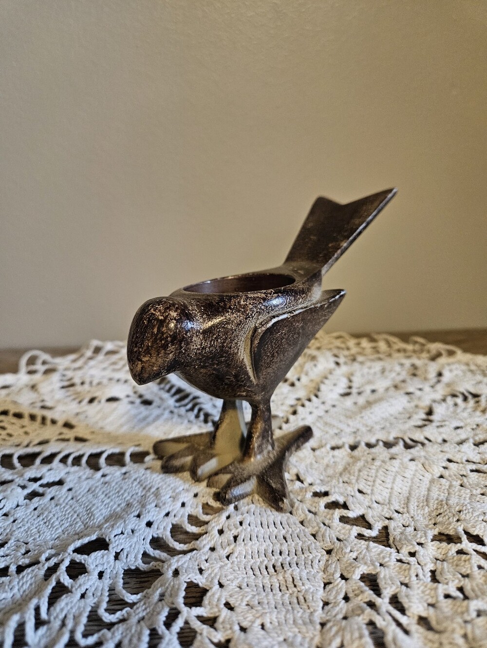 Stone Carved Brown And Tan Boho Bird Tea Light Candle Holder